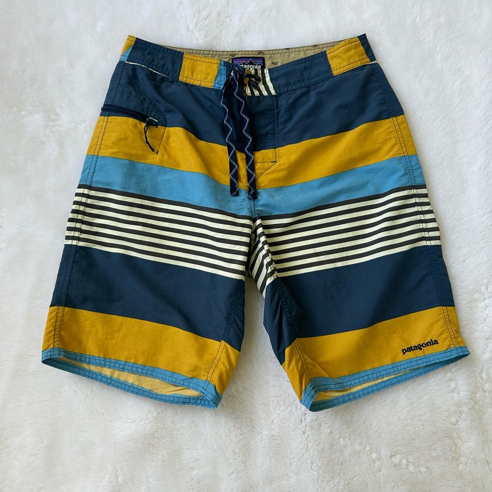 Patagonia Blue and Yellow Striped Board Shorts